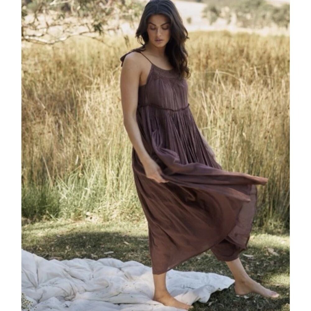Talisman Raja Slip Dress Sz S (8)  Embroidered Ruffle Festival Chocolate Brown